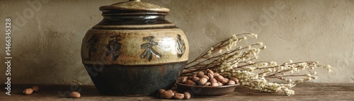 Obraz na płótnie Antique pottery jar with decorative patterns, placed on a rustic wooden table. w salonie