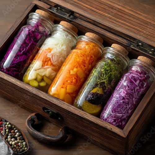 Obraz na płótnie Colorful jars of pickled vegetables in a wooden box. w salonie