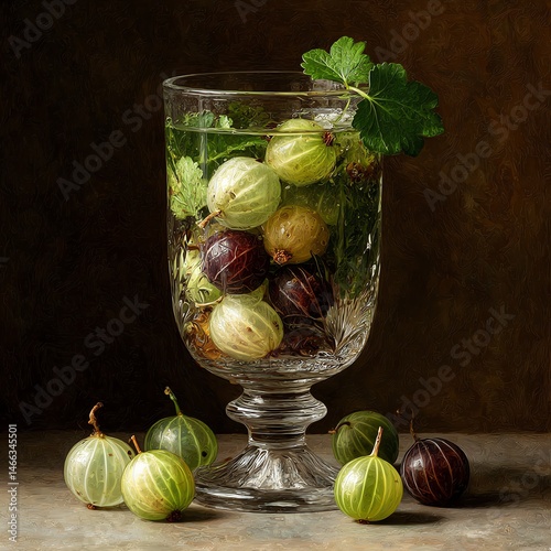 Obraz na płótnie Fresh gooseberries in a crystal glass on a textured background. w salonie