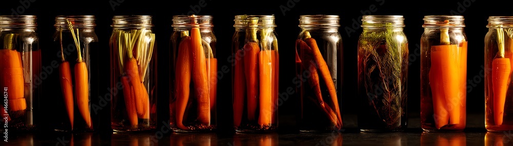 Colorful preserved vegetables in glass jars on a dark background.