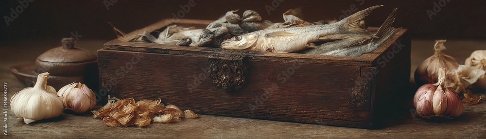 Fresh fish and garlic displayed in a rustic wooden box with a dark background.