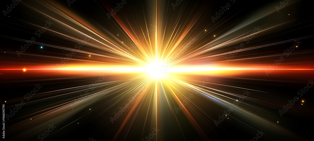 Obraz premium Bright glowing light burst with radiant beams and streaks spreading outward in dark space, creating dynamic and energetic cosmic effect full of vibrant colors and sparkles