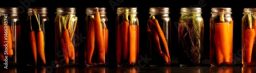 Obraz na płótnie Colorful preserved vegetables in glass jars on a dark background. w salonie