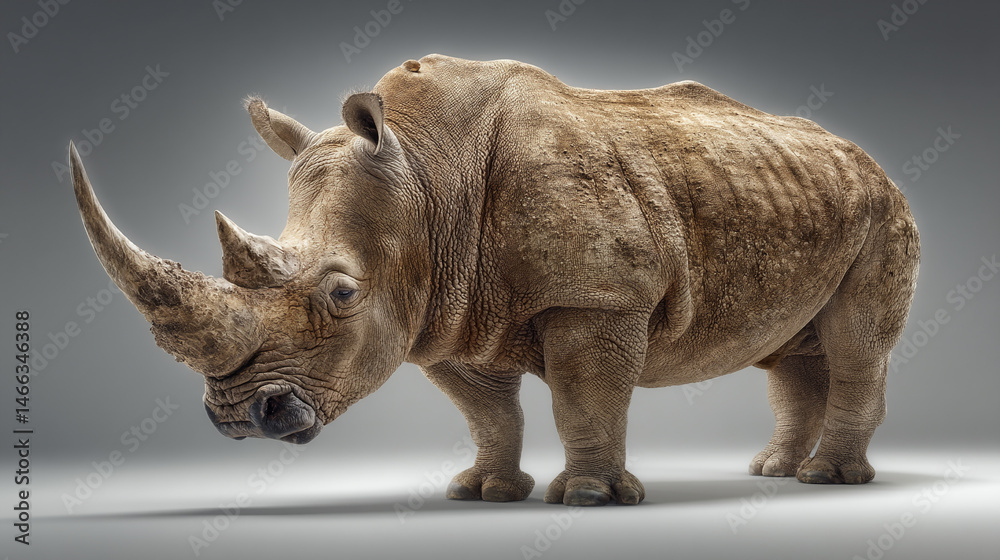 Obraz premium Realistic photograph of full body rhinoceros standing on neutral background showing detailed skin texture and large horn, conveying strength and resilience