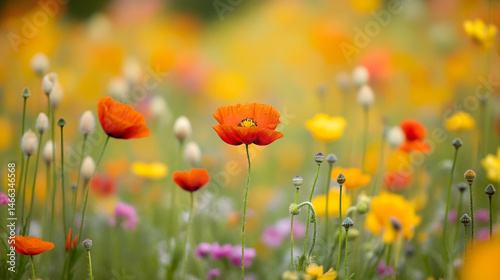Vibrant field of wildflowers featuring orange, yellow, pink, and white blooms with green stems and buds, creating colorful and lively natural scene filled with blooming flowers and lush greenery