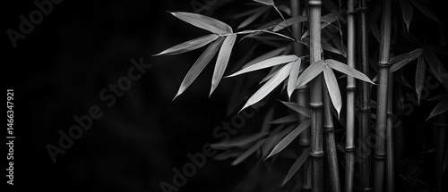 A black and white photo of bamboo leaves
