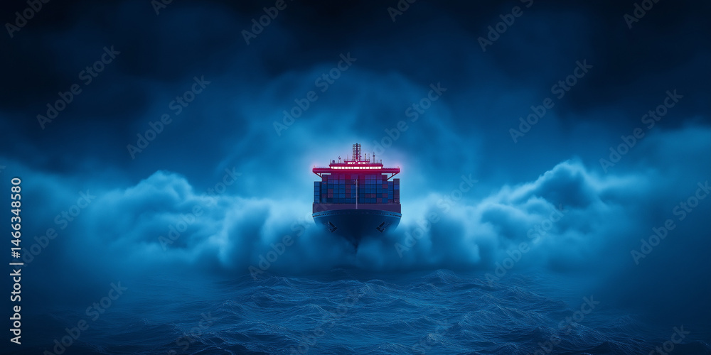 Naklejka premium A cargo ship sailing through stormy ocean waters evoking a sense of power and perseverance.