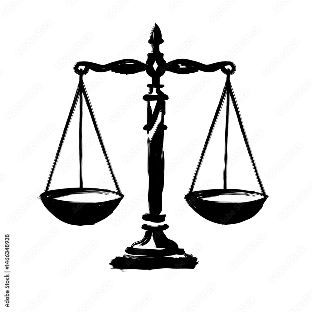 Scales of Justice A HandDrawn Black and White Illustration isolated on Transparent Background Scales of Justice A HandDrawn Black and White Illustration isolated on Transparent Background