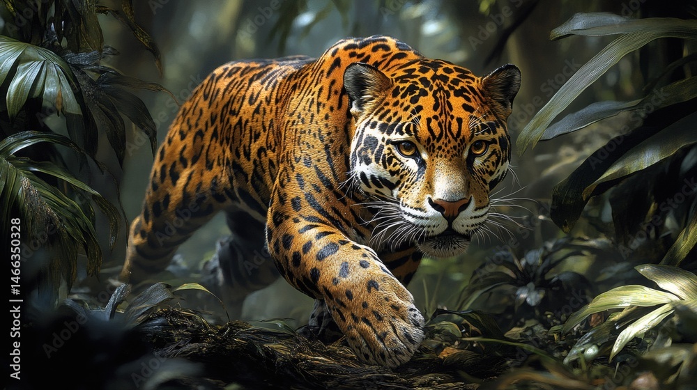 Leopard hiding in tropical foliage with focused eyes and spotted fur pattern in tense wild jungle setting