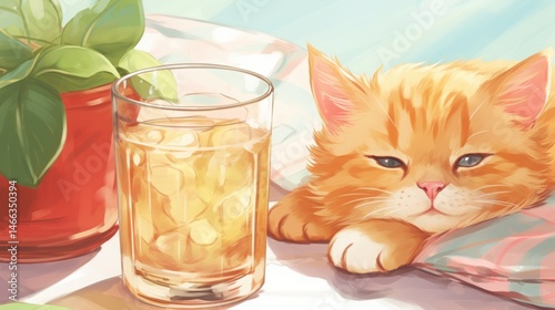 Cat with a glass of iced tea adorable fluffy kitten portrait