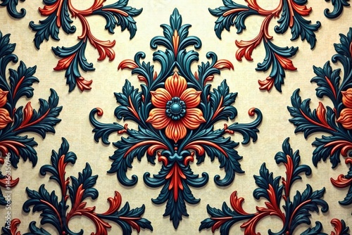 Intricate woven floral damask, elegant swirls and leaves , wallpaper, detail