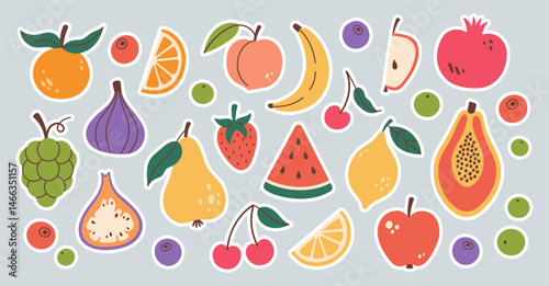 Set of different fruits and berries stickers. Collection of organic vitamins and healthy nutrition. Watermelon, banana, peach, apple, cherry, pear, grapes, lemon. Flat design, doodle style. Vector