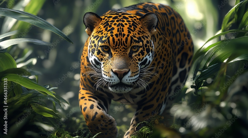 Leopard hiding in tropical foliage with focused eyes and spotted fur pattern in tense wild jungle setting
