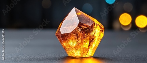 A yellow crystal sits on a black surface