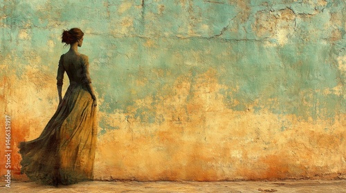 Solitude: A Woman in a Golden Gown Against a Weathered Wall