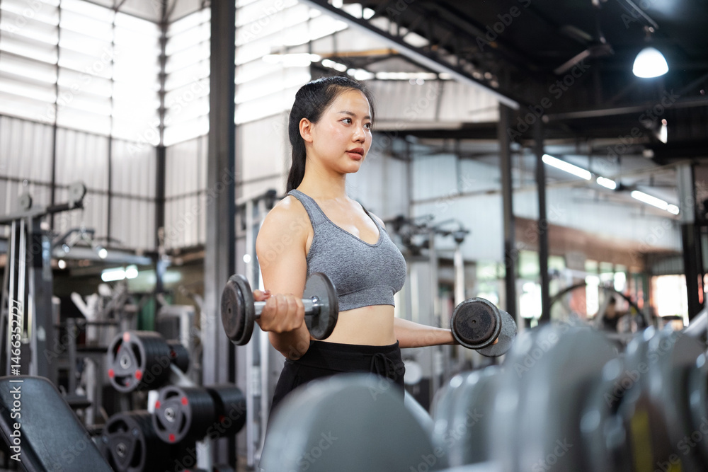 Woman lifting dumbbells with strength Woman lifting dumbbells with strength