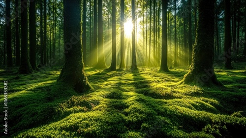 Sunlight streams through a lush forest (1) photo
