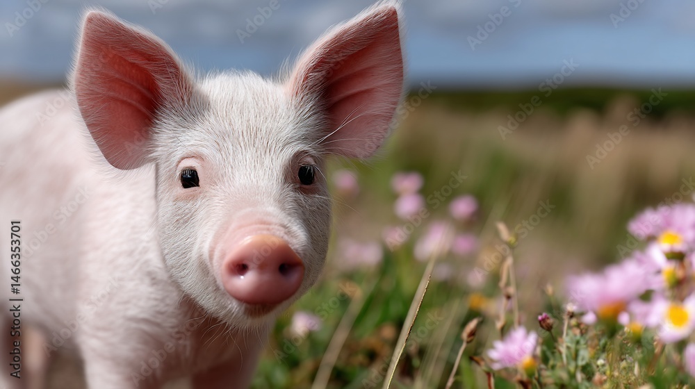 Adorable baby pig in a field of flowers Adorable baby pig in a field of flowers