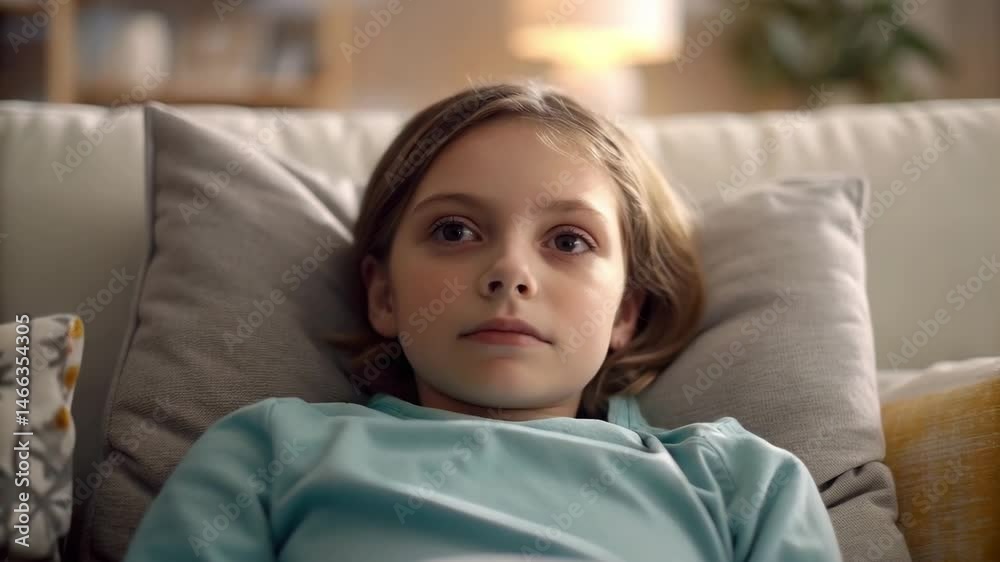 Sinus and Inflammation Concept,Calm Child on Couch Surrounded by Cozy Pillows in Thoughtful Living Room Setting Sinus and Inflammation Concept,Calm Child on Couch Surrounded by Cozy Pillows in Thoughtful Living Room Setting