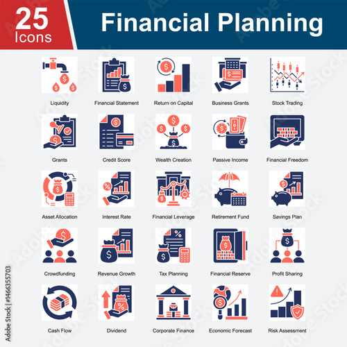 Financial Planning is a collection of icons covering essential aspects of personal and corporate finance, including budgeting, investment strategies, savings, risk management, and long-term wealth.