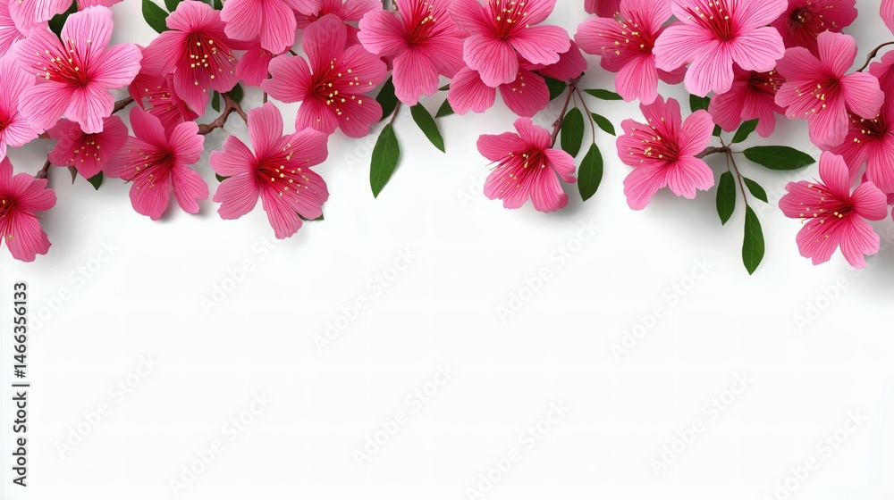 Cherry blossom border on white background, Pink spring flowers with leaves, Floral backdrop for invitation or greeting design