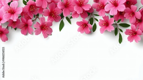 Obraz na płótnie Cherry blossom border on white background, Pink spring flowers with leaves, Floral backdrop for invitation or greeting design w salonie