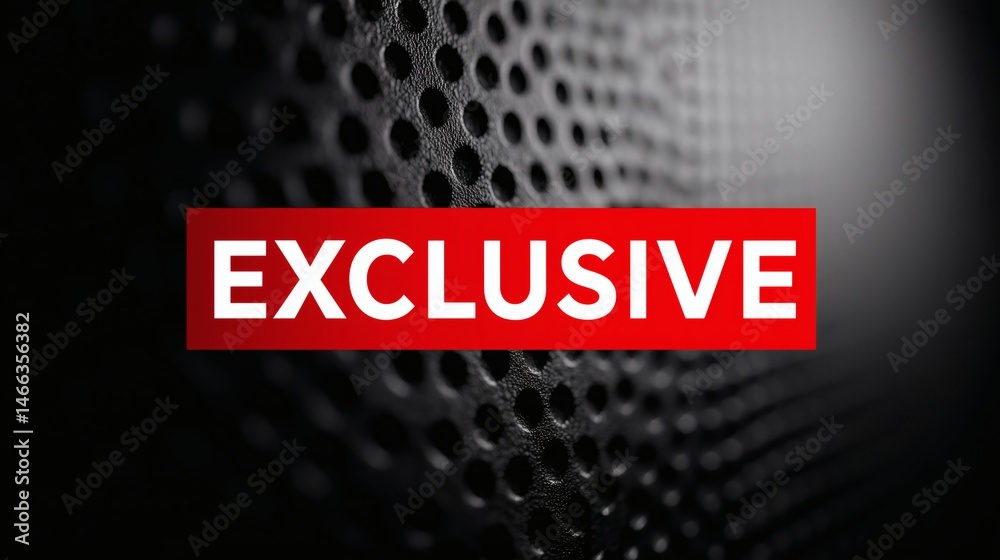 Exclusive headline on dotted dark texture, Red and white banner over perforated metal, Ideal for premium content or product reveals