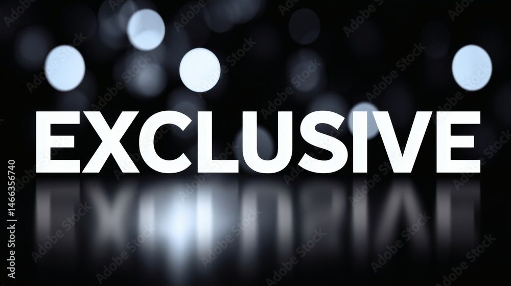 Exclusive text with soft white bokeh lights, High contrast black background and glowing reflections, Perfect for premium announcements