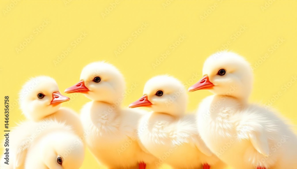 Fototapeta premium Adorable white ducklings on sunny yellow background, vector illustration, sunshine, spring