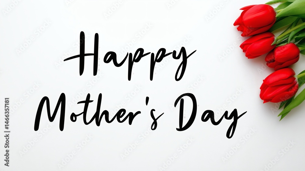 Happy Mother's Day with red tulips, Red tulips on white background, Elegant floral greeting for Mother's Day design