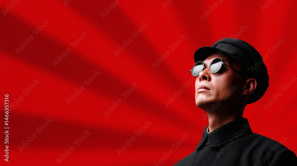 Man with glasses on red rays, Revolution-inspired portrait style, Political concept design with authority theme