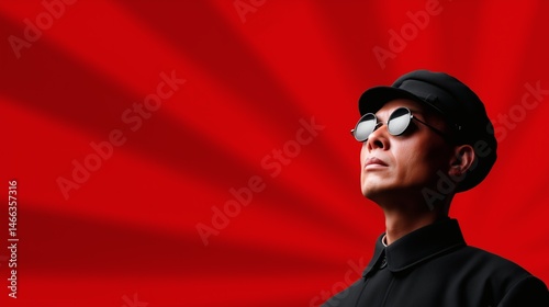 Man with glasses on red rays, Revolution-inspired portrait style, Political concept design with authority theme