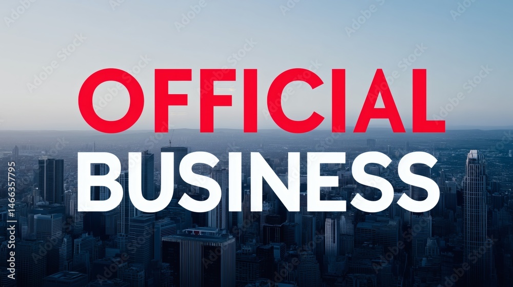 Official business text over urban skyline, Red and white headline on city view background, Great for news, corporate, or industry articles