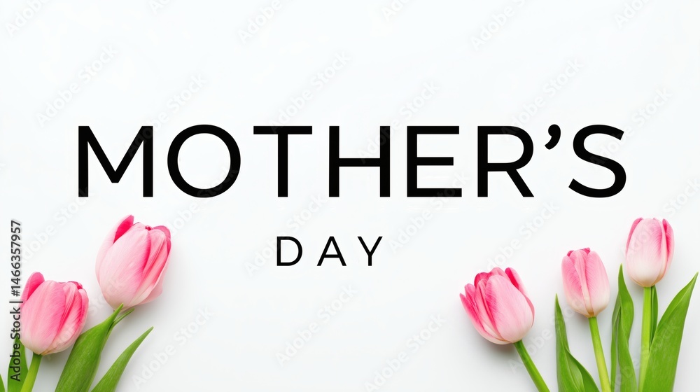 Pink tulips with bold Mother's Day text, Minimalist floral greeting card, Ideal for spring promotions or personal messages
