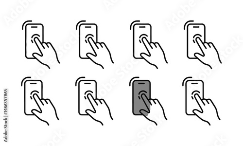 Modern vector icon set showing various hand gestures interacting with smartphones, easily scalable and editable.