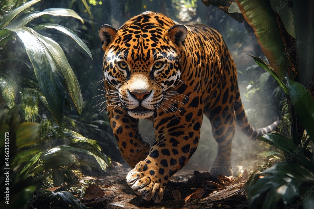 Leopard hiding in tropical foliage with focused eyes and spotted fur pattern in tense wild jungle setting