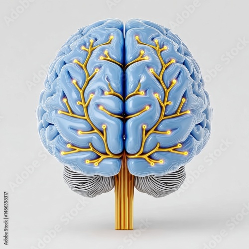 Stylized 3D rendering of a human brain with gold neural pathways, light blue brain matter, and a clean white background. The image uses a detailed