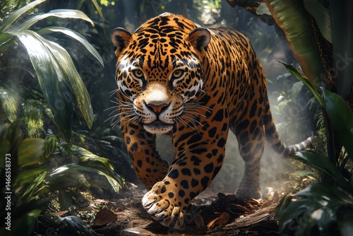 Obraz na płótnie Leopard hiding in tropical foliage with focused eyes and spotted fur pattern in tense wild jungle setting
w salonie
