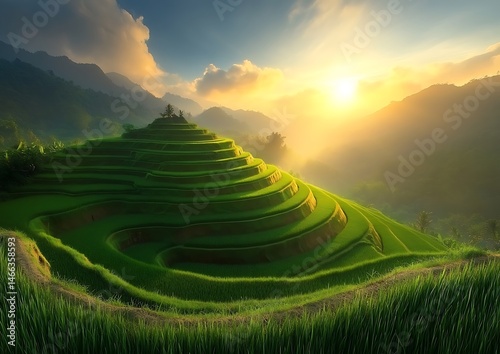 Sunrise over terraced rice paddies
