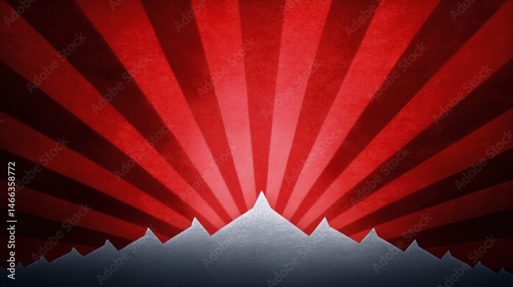 Red rising sun rays over silver mountains, Stylized propaganda aesthetic, Concept for power, awakening or national symbolism