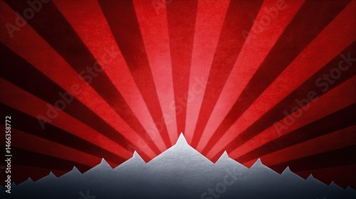 Obraz na płótnie Red rising sun rays over silver mountains, Stylized propaganda aesthetic, Concept for power, awakening or national symbolism w salonie