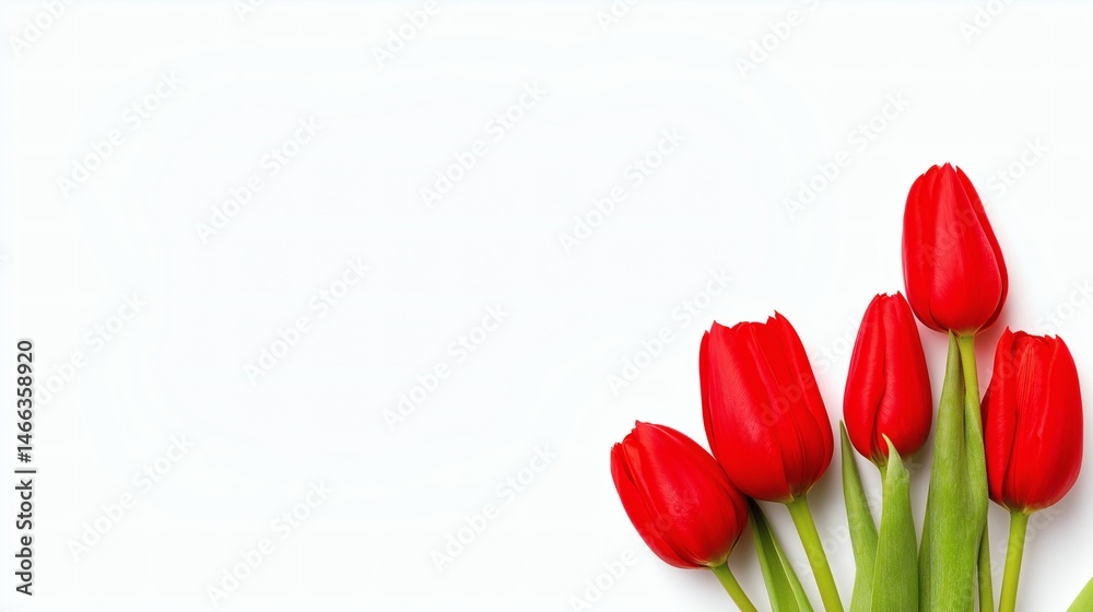 Red tulips on white background, Elegant floral spring arrangement, Ideal for greeting cards or nature-themed designs