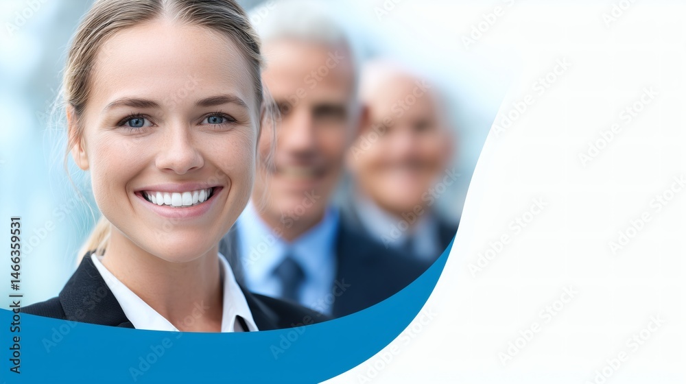 Smiling woman with business team in background, Corporate team with focus on young professional, Great for HR or leadership visuals