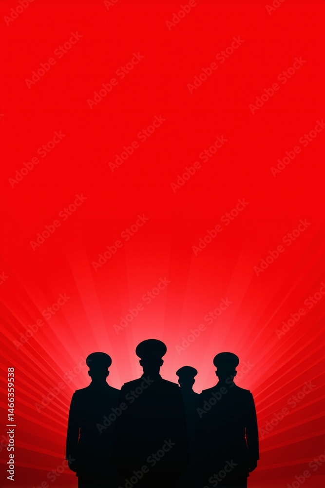 Soldier silhouettes over radial red rays, Dramatic background suggesting power and unity, Concept for authority or collective strength