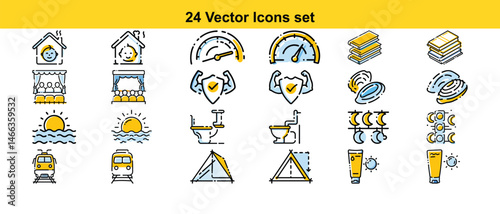 24 High-Quality Vector Icons Set Home, Speed, Hygiene, Travel, Camping and More!