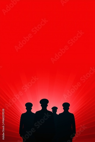 Obraz na płótnie Soldier silhouettes over radial red rays, Dramatic background suggesting power and unity, Concept for authority or collective strength w salonie