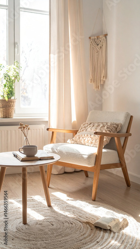 Cozy eco living room interior design with chair, table with dry grass and window, Daylight, beige colors