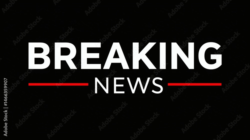 Breaking news alert on black background, Bold white text with red accents, Ideal for urgent news banners or media graphics