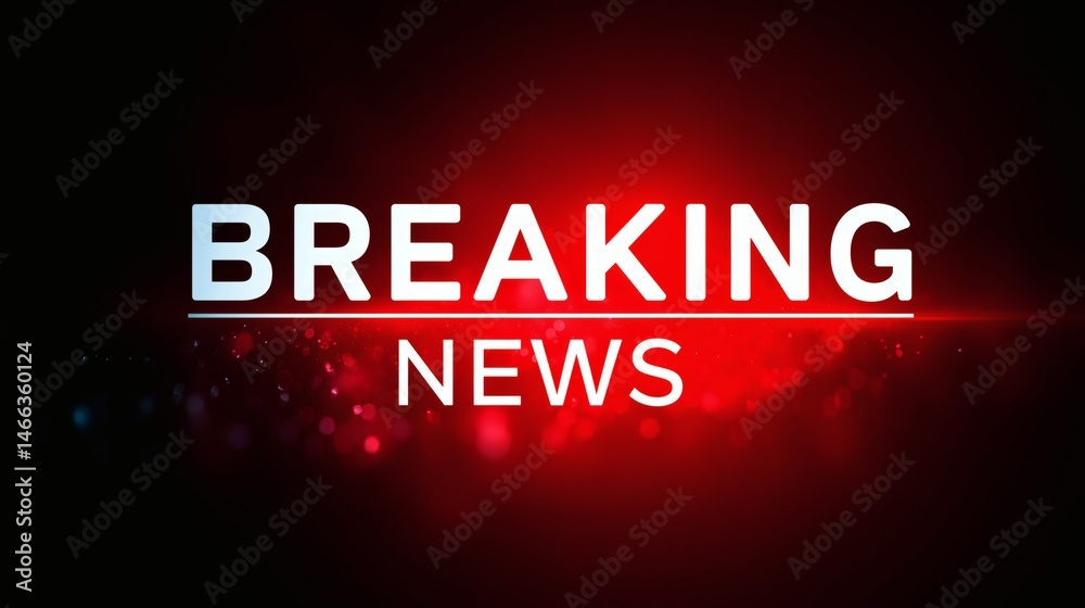 Bright breaking news alert in glowing red, Split-line layout for visual emphasis, Great for live updates or digital media graphics