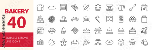 Bakery icon set. Containing bread, pie, cake, donut, croissant, pancakes, cupcake, oven, baking tools, cookies, birthday cake, chocolate and more. Editable line icons. Vector illustration.